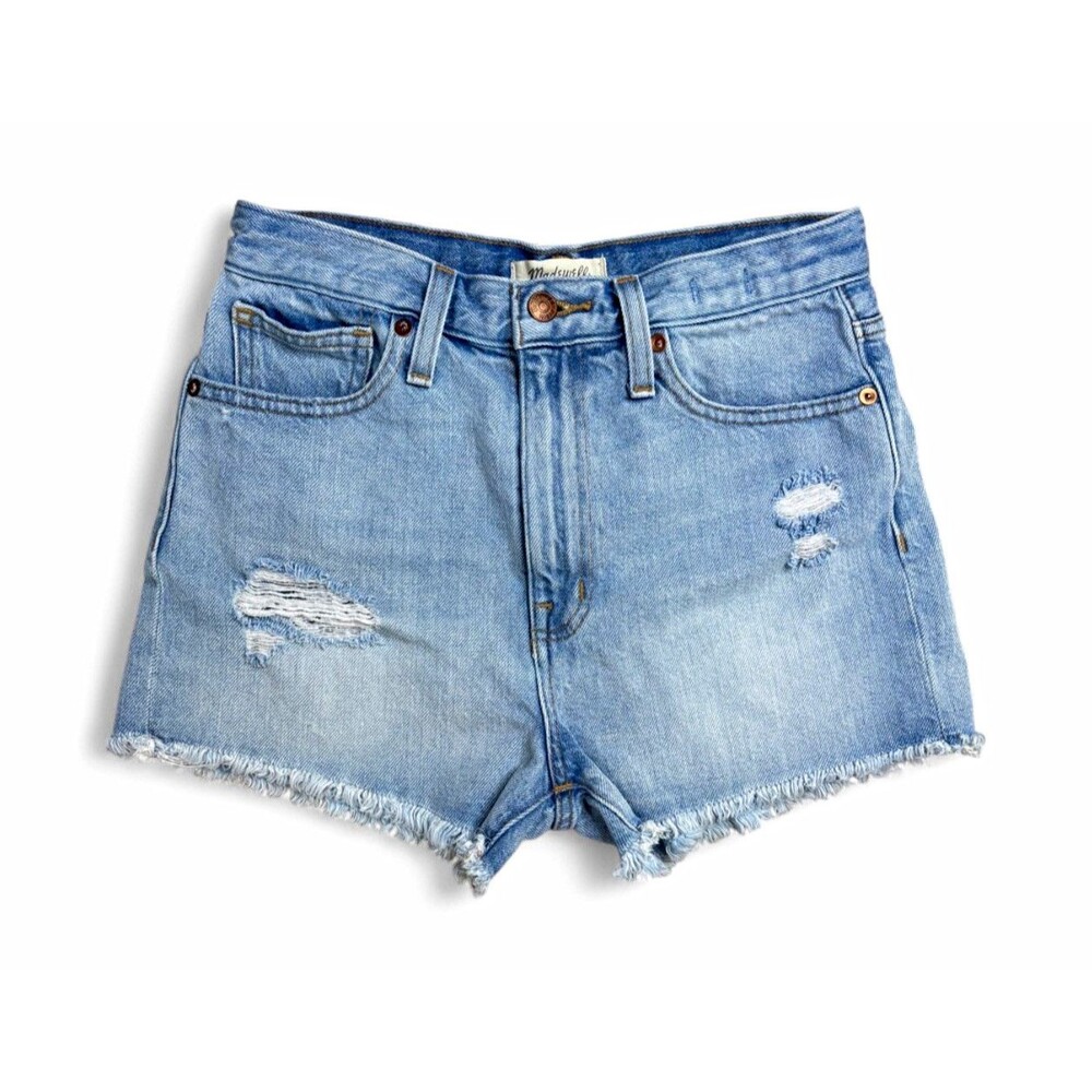 Madewell The Momjean Short Distressed Frayed Raw Hem Light Wash Denim Shorts 25
